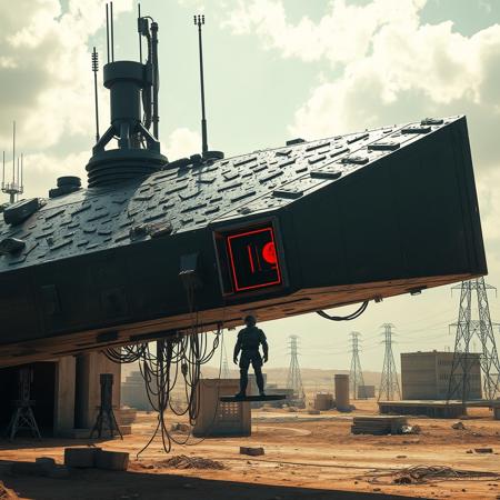 ultra high resolution, masterpiece, best quality, large rectangular angled glossy black spacecraft with an extremely rough textured surface, hovering low to the ground, underneath the spacecraft are cables hoses and wires, antennas on top, cables hanging from below, rectangular in shape, futuristic world, post apocalyptic landscape, ((low concrete buildings:1.3)) anti gravity, in the atmosphere, sky, clouds, ground visible, hovering, dry, ((dusty)), bleak landscape, parched, bright noon sunlight, square shapes, bleached colors, destroyed industrial buildings, powerlines and towers, concrete foundations, open entrance hatch on spaceship, soldier in dark armored spacesuit, helmet, standing in the well lit entrance, red interior lighting