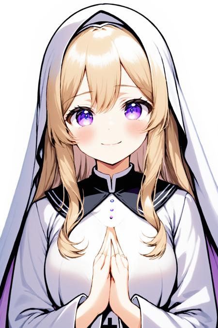 Niji Pride,  1girl,  solo,  long hair,  breasts,  looking at viewer,  blush,  smile,  blue eyes,  blonde hair,  large breasts,  simple background,  long sleeves,  white background,  dress,  closed mouth,  purple eyes,  upper body,  hand up,  parted bangs,  wavy hair,  nun,  habit, <lora:EMS-51678-EMS:0.800000>