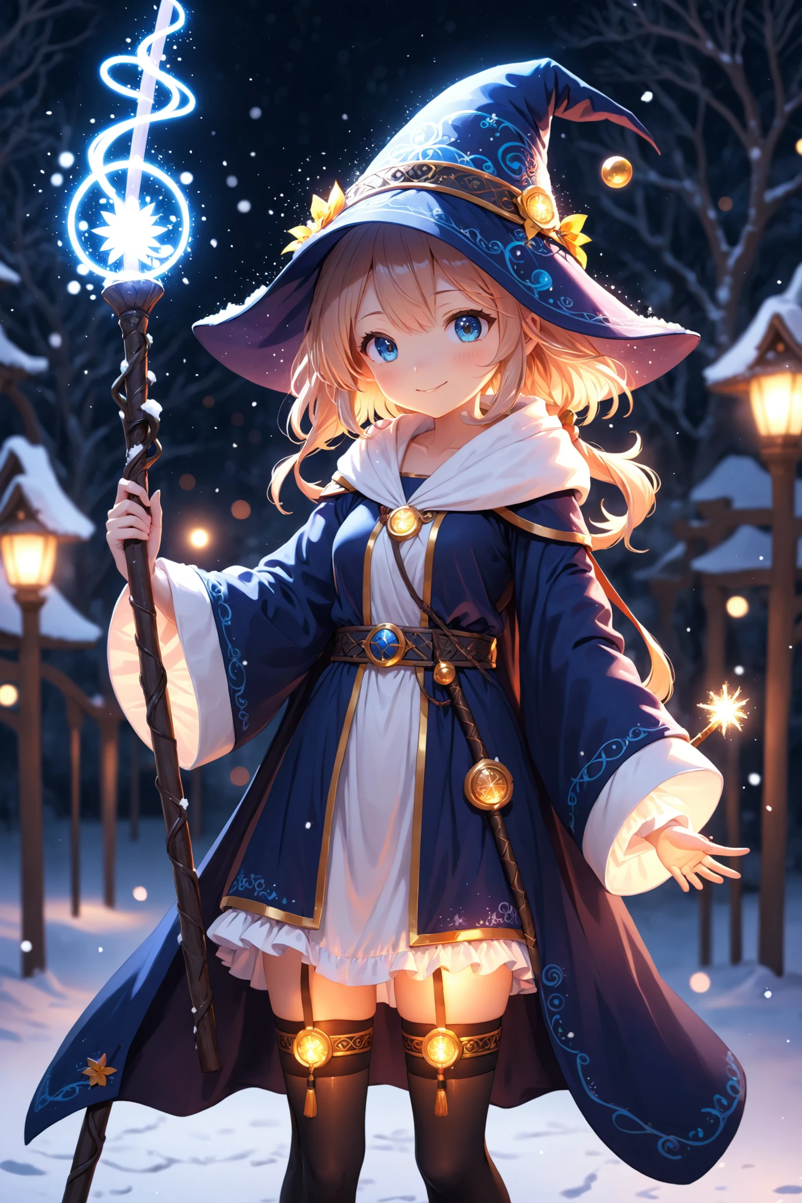 anime, cute girl, wizard hat, robe, thigh-highs, holding ancient staff, happy, midnight, bloom, ambient occlusion, glow, g...