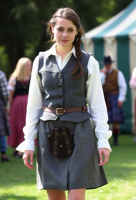 A masculine woman at a renaissance fair wearing a grey canvas kilt, wide-collared shirt, and a grey spotted vest.