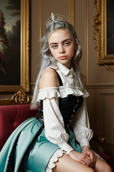 BillieEilish, photography by (David LaChappelle:1.3), Marie Antoinette clothing, 1789, seated on throne, (straight sleek hair:1.5), Queen of France, modelshoot, pose, ((dress)), (closeup on upper body:1.3), Flemish masters, luxurious fabrics, silk, Versailles, French aristocracy, palace interior, 1782, large oil paintings on walls, portrait