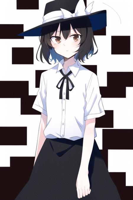 masterpiece, best quality, <lora:usamirenko-000014:0.7>,usami renko, touhou, brown eyes,short hair, black hair, black hat with white ribbon,white shirt,black skirt,standing, holding hat,white white background, 1girl