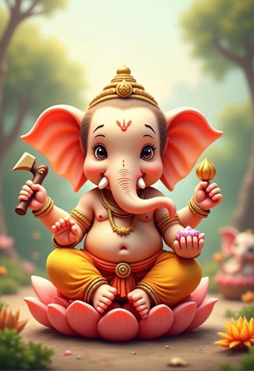 Create a hyper-realistic yet adorably cute version of Lord Ganesha, capturing his playful and lovable nature. His elephant head should have soft, rounded features with large, expressive eyes full of innocence and warmth. His trunk should be slightly curled in a playful manner, and his small tusks should add to his endearing look. His ears should be oversized and gently flared, emphasizing his childlike charm. His skin should have a soft, glowing golden-pink hue, symbolizing his divine power and wisdom.
He should be seated on a small lotus, dressed in a simple, brightly colored dhoti with minimal gold ornaments, keeping his appearance light and approachable. In his four arms, he holds a small axe (symbolizing the removal of obstacles), a tiny lotus flower, a cute, miniature bowl of sweets (modaks), and a gentle hand raised in the blessing (abhaya mudra) pose. His potbelly should be slightly emphasized, adding to his cute and friendly form.
The backdrop should feature a peaceful, serene landscape with a clear sky, pastel-colored clouds, and a river gently flowing in the background. Surround him with tiny animals like baby mice (symbolizing his vehicle, Mushika), butterflies, and lotus flowers, all interacting with him in a playful, lively manner. The atmosphere should feel vibrant, divine, and joyful, conveying the essence of Lord Ganesha’s wisdom and charm in a cute, endearing way.