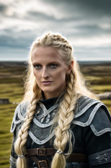 Professional photograph of mndngwmn, she has long blonde hair, messy hair, combed to the sides of her head, she's standing in a nordic village, ancient times, norse viking times, smirk, wearing chainmail, eyeliner, black eyeliner, wearing ancient nordic outfit, grinning. cloudy sky, storm in the background, photorealistic, 4k, 8k, masterpiece, by bokeh, absurdres, highest quality <lora:mondongo_LoRA_GeorgiaHirst:0.8>