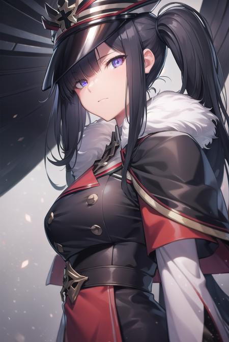 peterstrasser, <lora:peterstrasser-lora-nochekaiser:1>,
peter strasser, black hair, hair over one eye, long hair, one eye covered, (purple eyes:1.1), twintails,
BREAK armored boots, black coat, black footwear, black ribbon, boots, buttons, cape, coat, fur trim, fur-trimmed cape, gloves, hat, high heels, military hat, peaked cap, red cape, ribbon, stiletto heels, white gloves, white headwear,,
BREAK looking at viewer,
BREAK indoors,
BREAK <lyco:GoodHands-beta2:1>, (masterpiece:1.2), best quality, high resolution, unity 8k wallpaper, (illustration:0.8), (beautiful detailed eyes:1.6), extremely detailed face, perfect lighting, extremely detailed CG, (perfect hands, perfect anatomy),