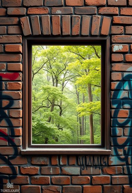 UHD, ultra-high detail photo, on a intricate brick wall graffiti of a window that opens up on detailed lush forest. picture in picture. 16k wallpaper. the window looks flat like its drawn by a spray can