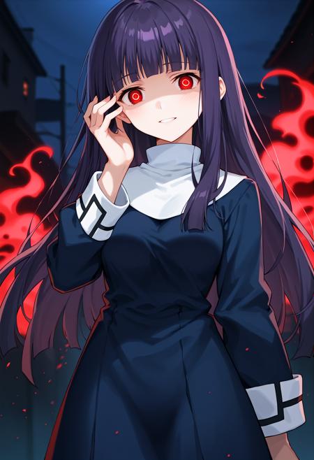 a_fujino,  1girl, solo, long hair, purple hair, blunt bangs, red eyes, empty eyes,  blue dress, white turtleneck, long sleeves, long dress, sleeve cuffs, medium breasts