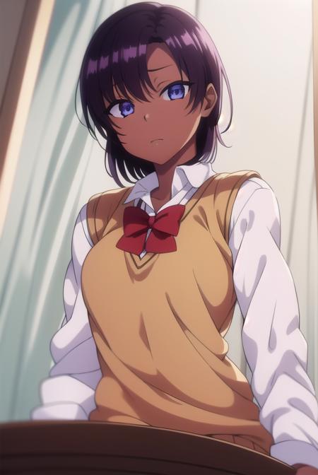 saehinata, <lora:saehinata-lora-nochekaiser:1>, 
sae hinata, blue eyes, purple hair, dark skin, dark-skinned female, short hair,
BREAK shirt, bow, school uniform, white shirt, collared shirt, bowtie, red bow, sweater vest, brown sweater,
BREAK looking at viewer,
BREAK indoors, classroom,
BREAK <lora:GoodHands-vanilla:1>, (masterpiece:1.2), best quality, high resolution, unity 8k wallpaper, (illustration:0.8), (beautiful detailed eyes:1.6), extremely detailed face, perfect lighting, extremely detailed CG, (perfect hands, perfect anatomy),