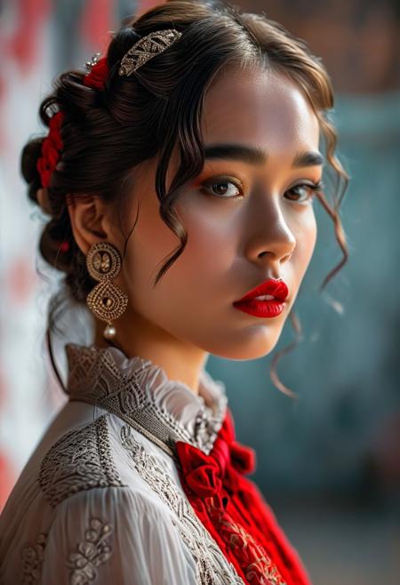 (long shot, three-quarter view, camera RED KOMODO 6K, len 35mm, f1.8). 1woman, 22yo, caucasian, aristocratic, 19 century, 19 century wearing, tied hair, starring pose, gazing at viewer, intense, deep. extremely detailed face features. High quality, hyperdetailed, depth of field, cinematic, intricate details, award winning photography, memorable scene, depth of field, masterpiece, cinematic light, cinematic filter, 16K UHD, perfecteyes, Cinematic Shot.