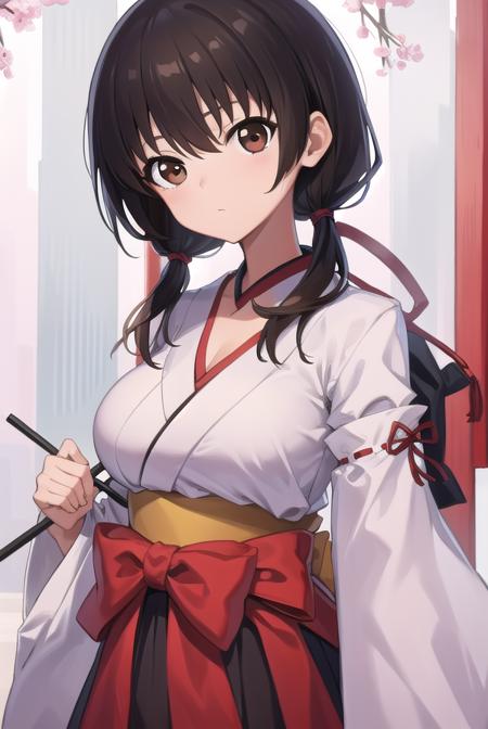 komakijindai, <lora:komakijindai-000010:1>,
komaki jindai, long hair, (black hair:1.5), twintails, (brown eyes:1.7), low twintails, (large breast:1.2), (hair between eyes:1.5),
BREAK skirt, long sleeves, cleavage, japanese clothes, wide sleeves, kimono, hakama, hakama skirt, white kimono, miko, red hakama,
BREAK looking at viewer,
BREAK outdoors, shrine,
BREAK <lora:GoodHands-vanilla:1>, (masterpiece:1.2), best quality, high resolution, unity 8k wallpaper, (illustration:0.8), (beautiful detailed eyes:1.6), extremely detailed face, perfect lighting, extremely detailed CG, (perfect hands, perfect anatomy),