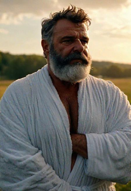 astrologer mystique adventurer, sci-fi megastructure, dark future. old heavy greek turkish wrinkly European daddybear, old musclechubbull gay husband saviour,2020s dorfromantik, big tall old greasy nasty Hairy tanned musclechub grandpa with big belly, rough broad chubby face, chubby puffy cheeks. white blue wet open revealing toba robes, small golden earring, epic challenging cool movie Protagonist maincharacter pose, open welcoming arms ready to give a big hug cuddle, meadow at sundown, ((fiery thunderous magic aura))