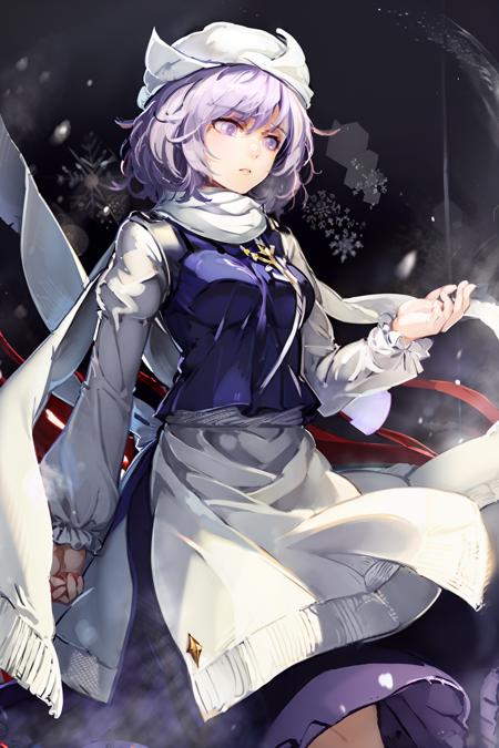 letty whiterock 1girl, hat, scarf, short hair, light purple hair, purple eyes, long sleeves,puffy sleeves,waist apron,skirt, 