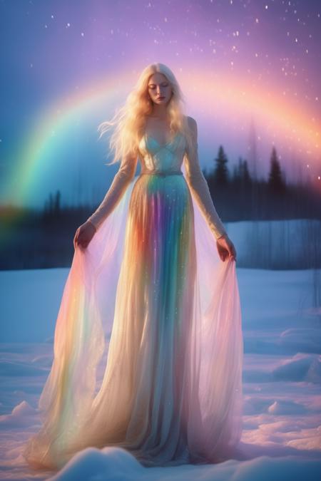 <lora:Elizabeth Gadd Style:1>Elizabeth Gadd Style - photorealistic supermodel white-blonde young Slavic witch-princess wearing a slinky sheer iridescent incandescent Claire Pettibone gown that hugs her curves in all the right places, standing in snowy Siberia Russia under a glittering night sky rainbow ephemeral aurora borealis as she casts a powerful ephemeral glowing iridescent spell, her long straight white hair flowing behind her in the breeze, beautifully focused on her magic, award winning fashion photography, 8k, realistic photography, Higher coherence, Improved sharpness, accuracy, perfect look, perfect lighting, center of frame, ultra HD, 8k, Full body, OC renderer, sweet,sweet, dynamic background,(no unwanted borders or text artifacts)