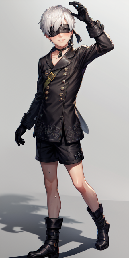 9s,white hair,blindfold,black blindfold,gloves,choker,jacket,shorts,boots,long sleeves