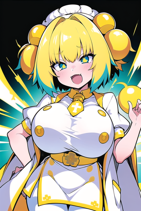 + + blue eyes yellow pupils huge breasts multicolored hair, short hair,blonde hair, blue hair yellow bomb hair bobbles (white) magical girl clothes,button,skirt doctor’s coat yellow Polka dot pattern hat white pantyhose