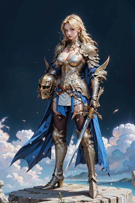 (masterpiece:1.2, best quality), (photorealistic:1.2, intricate details), Sword_Helm, 1girl, solo, long hair, looking at viewer, blonde hair, seductive smile, blush, thighhighs, holding, jewelry, standing, full body, weapon, boots, sword, necklace, cape, holding weapon, armor, high heels, holding sword, helmet, shoulder armor, gauntlets, single thighhigh, huge breast, clevage, headwear removed, asymmetrical legwear, pauldrons, knight, helmet removed, ((holding helmet)) <lora:Sword_Helm:0.45>