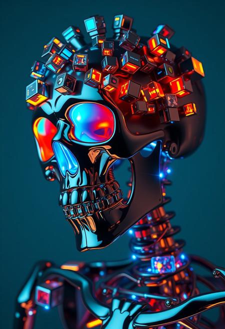 A hyperdetailed, close-up portrait of a skeleton, rendered in a dark, futuristic aesthetic with a strong emphasis on neon and glowing elements. The skeleton exhibits a blend of smooth quality and colored pencil realism, featuring vibrant colors including gold, orange, and various shades of blue that create a dynamic interplay. Numerous reflective, glitched cubes of various sizes and shapes encapsulate and adorn the skeleton's features, reflecting luminous, multicolored light strips and electric blue accents. The lighting is low-key, with strong highlights from the glowing elements creating sharp contrasts. The background is a deep teal blue, providing a stark contrast to the vibrant subject, conforming to the dominant color palette of deep blues, blacks, and purples. All textures focus on smooth, reflective surfaces and shimmering metallic effects, consistent with a polished, digital artwork or high-fidelity 3D render. The overall impression is one of advanced technology and sleek design, with a modern, abstract, and ethereal style, suggesting a liquid or metallic dreamlike quality and a sense of calm and tranquility. The visual style references surrealism, abstract art, and liquid metal digital art, focusing on a reflective and polished aesthetic. <lora:clear:1>, <lora:FF.101.juggernautXL_version6Rundiffusion.LORA:1>, <lora:Hyperdetailed_Colored_Pencil:1>, <lora:SDXLDetailer:1>