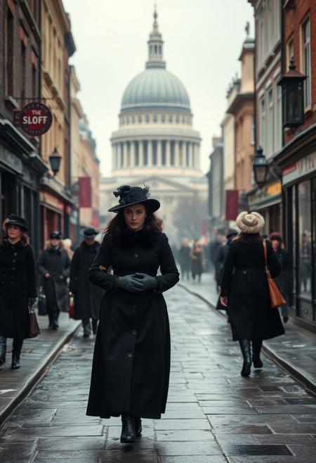 Dickensian London, A street scene from early Victorian London (around St Paul's circa 1843), winter, cold, a few people in Victorian costume, winter clothing, frost, a dark-haired woman aged c35 (authentic Victorian era black dress and hat)  walks towards the viewer ((front view)), detailed view of the City of London in the 19th century, period detail, Victorian, hyperrealistic, 8K resolution.