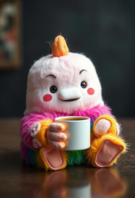 "An absolutely adorable and quirky squismallow creature with rainbow fur is depicted in a medium prompt, holding a cup of coffee. The artwork is characterized by hyperrealism and ultra-realism, ensuring a flawless composition inspired by PIXAR-style perfection, down to every intricate detail, intricate details, HDR, beautifully shot, hyperrealistic, sharp focus, 64 megapixels, perfect composition, high contrast, cinematic, atmospheric, moody, Hyperrealistic, conceptish art, mid shot, intricately detailed, dramatic color depth, dramatic depths, excellent angle, fantastic-background"