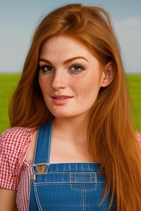 photography of an (closeup portrait) woman, realistic <lora:FayeReagan5:1>  wearing overalls on farm, vibrant colors (freckles:0.7)