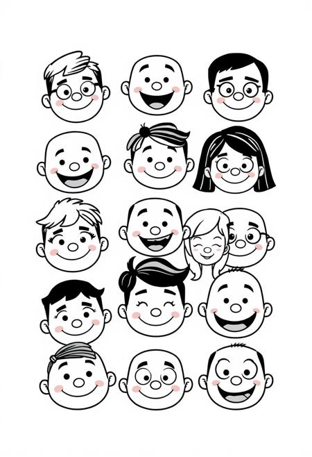 a page of black and white doodle cartoon characters, simple line art style, white background, no shadows, no shading, vector illustration, pixar inspired characters, cartoon faces with different expressions, high contrast, bold lines, exaggerated features, symmetrical composition, cool tones, playful mood.