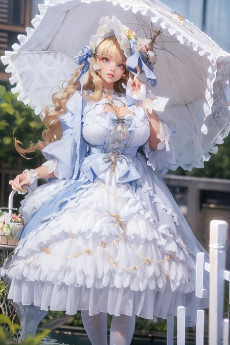 whdbd,umbrella,white dress,jewelry,necklace,bonnet,long sleeves,bow,lace trim,lace,frills,pantyhose