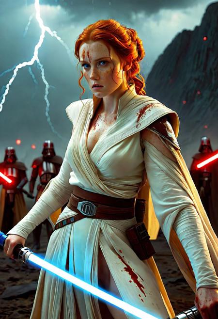 A beautiful Jedi Knight with wavy red hair stands defiantly amidst a raging storm on a desolate battlefield. Her white Jedi robe are intricately detailed and reflect the flickering light of distant fires, Star Wars style, The light of battle illuminates her determined expression as she prepares to face the dark enemy, (holding the blue Lightsaber in his hand: 1.5), Close up. Star Wars art style, Standing on a battlefield at the head of an army of Jedi Knights, where a bloody slaughter is taking place, (standing in battle pose: 1.3), cinematic lightning, intricately detailed white and brown Jedi robe, The scene is reminiscent of a Greg Rutkowski concept art piece, realstic blue eyes, realistic pale face covered in blood, with dramatic lighting and a dark, curvy, looking at viewer, gritty atmosphere, Ultra-detailed, Raytracing reflections, High contrast, beautiful Jedi Knight, beautiful firm body, girl athletic figure, (very pale freckled face: 1.3), oranges, and greens, attractive 21 years old woman, cinematic lightning, Cinematic film still, Medium shot. Best quality, Masterpiece, The scene is reminiscent of a Greg Rutkowski concept art piece, realistic pale freckled face covered in blood, with dramatic lighting and a dark, gritty atmosphere, asymmetrical balance