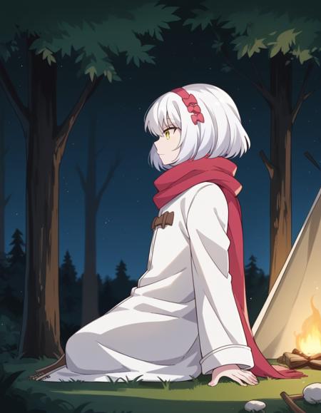 paula mccoy, short hair, bow, yellow eyes, white hair, hair bow, hairband, scarf, red scarf, coat, long sleeves, wide sleeves, white coat,