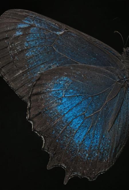 Nikon Z9, NIKKOR Z 400mm f/2.8 TC VR S, photograph of Blue Morpho Butterfly high resolution, high contrast, ray og light, light on the eyes, hard shadow, ENF, Embarrassed, from distance, national geographic cover