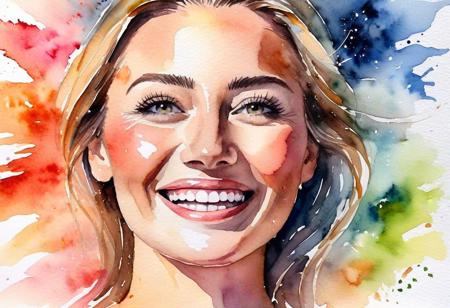 watercolor painting, closeup of a face of a happy woman having the ultimate climatic experience; happy relief