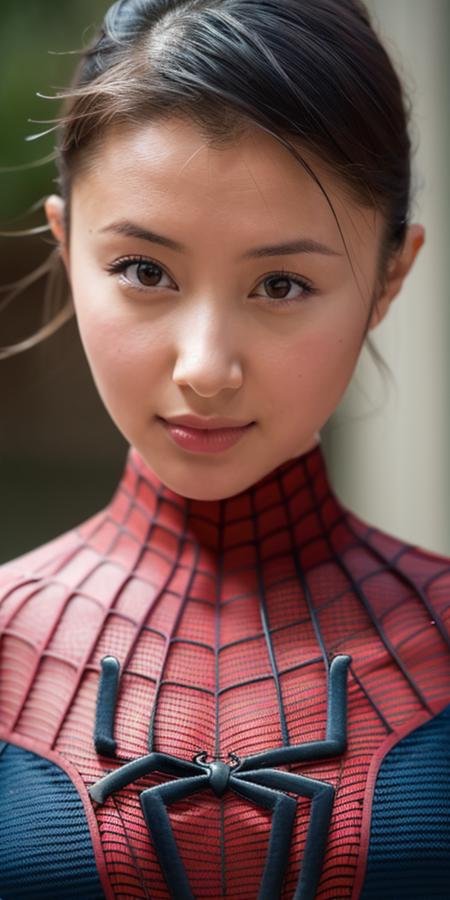 a girl,looking_at_viewer,
(Best quality details:1.2),realistic,8K High definition,Ultra Detailed,High quality texture,intricate details,detailed texture,finely detailed,Detailed beautiful delicate face,Depth of field,Ray tracing,Best quality,high definition,incredibly absurdres,<lora:shuchang:0.8>,full_shot,(spiderman:1.1),