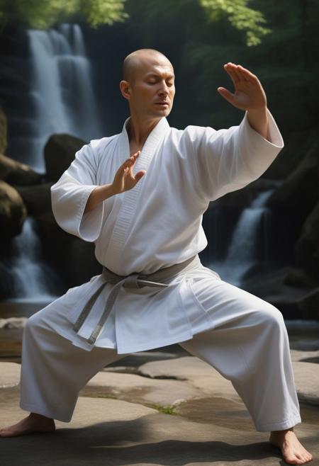 a Caucasian Zen practicing tai chi, eyes closed wearing a judogi, in Yang position, sunny exterior, forest and waterfall background, 16k, masterpiece, highly detailed photo-realistic oil painting by Greg Rutowski, cinematic lighting