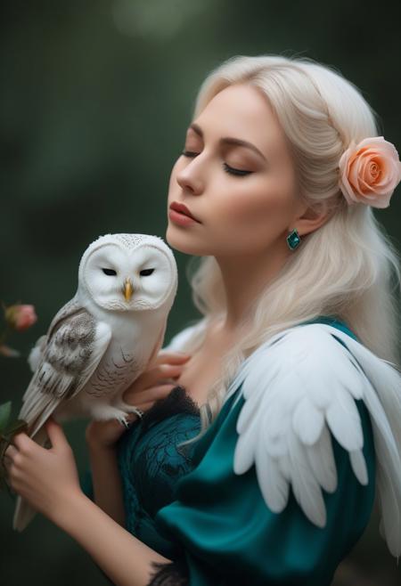 A close-up portrait photograph captures a beautiful young woman and a vibrant owl in an intimate moment. The woman, 
positioned on the right side of the image, 
wears a flowing, 
deep teal gown with puffy sleeves and intricate lace details along the edges of the shoulders and sleeves. Her long platinum blonde hair with a small green heart-shaped accessory. Her serene expression, 
with closed eyes, 
adds to the tranquil atmosphere as she holds a vivid red rose close to her lips. The owl, 
perched on a branch to the left, 
displays brilliant white feathers on its head and body, 
transitioning to peach-color on its tail, 
Its beak is open as it appears to be nibbling gently at the rose petals. The background is softly blurred, 
consisting of dark green hues suggesting a forest setting, 
which enhances the focus on the subjects. The lighting is soft and diffused, 
creating a dreamy, 
ethereal quality to the scene and highlighting the textures of the feathers and the delicate petals of the rose. The overall composition is balanced and intimate, 
with high contrast and saturation emphasizing the vivid colors of the owl and the rose, 
while the shallow depth of field keeps the main subjects in sharp focus against the dreamy, 
blurred background.by Galr Dfh