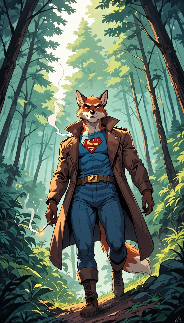 score_9, score_8_up, score_7_up, (Western Comics), anthopropomorphic fox, smoking, in a (dense forest), (depth of field), (dynamic angle), (sharp), (artistic image)