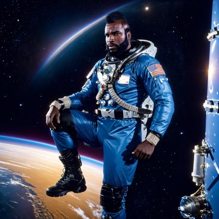 a man spacesuit in space, full body,  Highly detailed, masterpiece, best quality, photorealistic,  <lora:MrTLora:0.8> male focus, realistic, dark skin, facial hair, beard, black hair, manly, mohawk, bracelet, serious