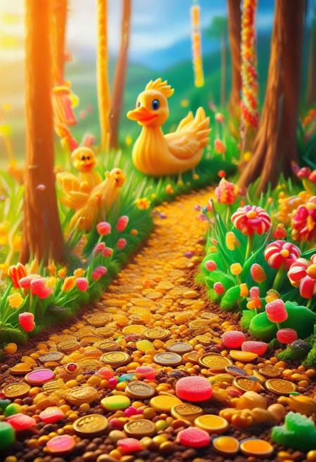 candys,cartoon-style scene of a fabulously wealthy duck, vibrant field filled with fluttering dollar bills, wearing a lavish bling-bling gold chain, sunglasses, looking relaxed. Oversized coins, colorful flowers swaying in the breeze. Bright, sunny, with a rainbow arching overhead, adding to the whimsical and extravagant atmosphere of this rich duck's dreamland, lake of golden coins, falls of gold coins instead of water,
[style of greg rutkowski,janek sedlar,jenny saville:0]  <lora:vivid_everclear:0.35>  <lora:Sinozick:0.35>  <lora:MJ52:0.35>,flux-style