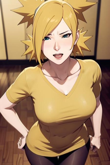 mature woman, anime, natural skin texture, <lora:Temari Nara v2:0.7>, mature face, blonde, 4 ponytails, 4 hair tails, t-shirt, shirt, (room background, complex background:1.2), sweater dress, black pantyhose, walking, (classroom background:1.3), ultra-detailed, 8k, rtx, ambient occlusion, rim lighting, bustling, full open eyes, 8k quality, high resolution, extremely detailed, intricate details, natural skin texture