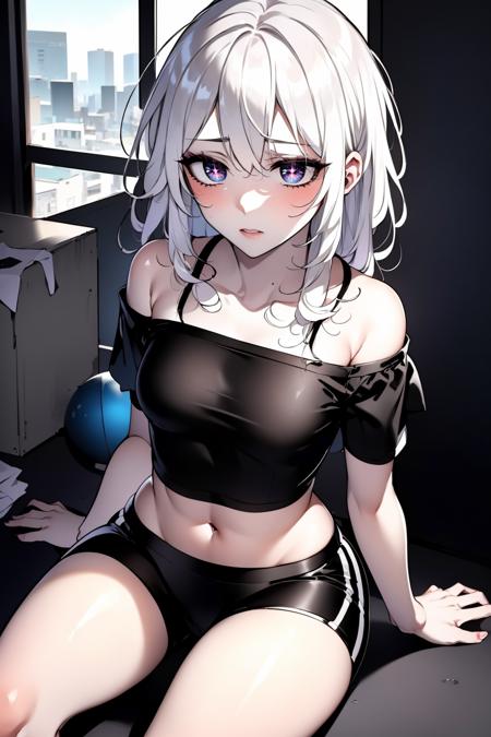 ((masterpiece:1.2)), ((ultra-detailed)), ((best quality)), ((intricate details)), ((chromatic aberration)), 1girl, messy hair, shy, ((white hair, star-shaped pupils, star \(symbol\)), ((small breasts)), makeup, black eyeliner, (expressionless), looking at viewer, <lora:meriana:0.7>,  ((shorts, tshirt))