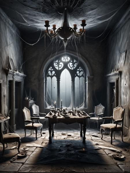 Horror-themed , an old abandoned medieval parlor with a table with medieval dishes and simple armchairs, an extinguished fireplace, tropyhene hanging on the walls, the floor is dirty and dusty, the full moonlight shines through the window a window, midnight, indoor <lora:Cobweb_Style_SDXL:1> ais-webz . Eerie, unsettling, dark, spooky, suspenseful, grim, highly detailed