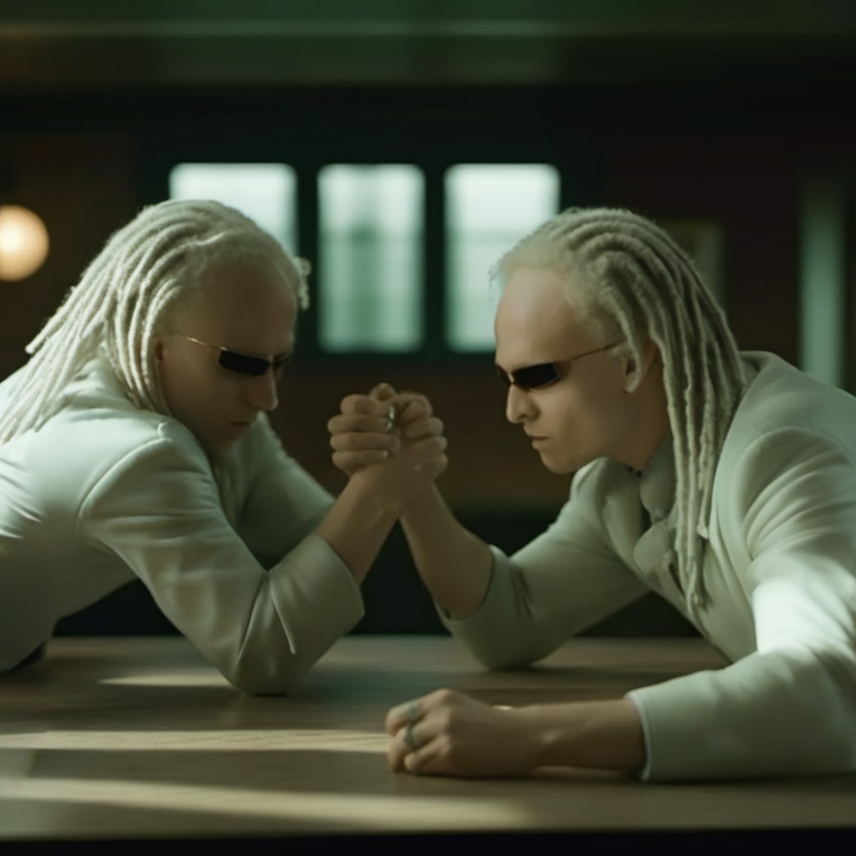 cinematic photo full body two pale men dressed in white, dreadlocks, sunglasses, armwrestling in a pub <lora:TheTwinsMatri...