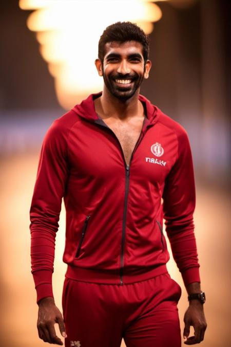 Sendhil Ramamurthy a man <lora:Jasprit-Bumrah_Sendhil-Ramamurthy:0.8>, realistic photo in a worn ((skin-revealing skimpy erotic red tracksuit, massive hairy pecs)), big pecs, big arms, bulge, VPL, ((light bokeh)), intricate, (steel metal [rust]), elegant, erotic, exuding sexual energy, homoerotic, sharp focus, photo by greg rutkowski, soft lighting, vibrant colors, (masterpiece), ((streets)), (detailed face), looking at viewer, light smile, night, walking towards viewer, cinematic lighting, beautiful lighting, cinematic lighting, (hazy filter, film grain:1.2)