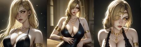 masterpiece, best quality, highest quality, 1girl, breasts, jewelry, hair over one eye, dress, bracelet, blonde hair, black dress, long single braid, large breasts, ring, circlet, breasts out, necklace, armlet, looking at viewer, lips, yellow eyes, bare shoulders, parted lips, hair ornament, cinematic lighting, (volumetric lighting), extremely detailed CG unity 8k wallpaper, focused, 8k wallpaper, 4k wallpaper, extremely detailed, ultra realistic, photorealistic, sharp focus, absurdres, (HDR:1.2), (high contrast), photograph, detailed and intricate, instagram, portrait, highly detailed, digital painting, artstation, concept art, smooth, sharp focus, illustration,, (epic realistic, hdr, luminous, intricate details, hyperdetailed, cinematic, rim light)
 <lora:_Queen_Marika-000007:0.7>