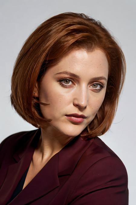 Dana Scully, (milf:1.4),  bob cut, (straight hair:1.2), very short hair, dark red hair,dark business suit, face, close-up, makeup, lipstick,
highly detailed, 8k, realistic, high-quality, white background, bright,
 <lora:DanaScullySD:0.8>
