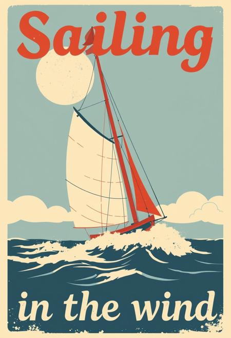 graphical art, sailboat, poster design, text "Sailing in the wind", vintage retro style, scandinavian