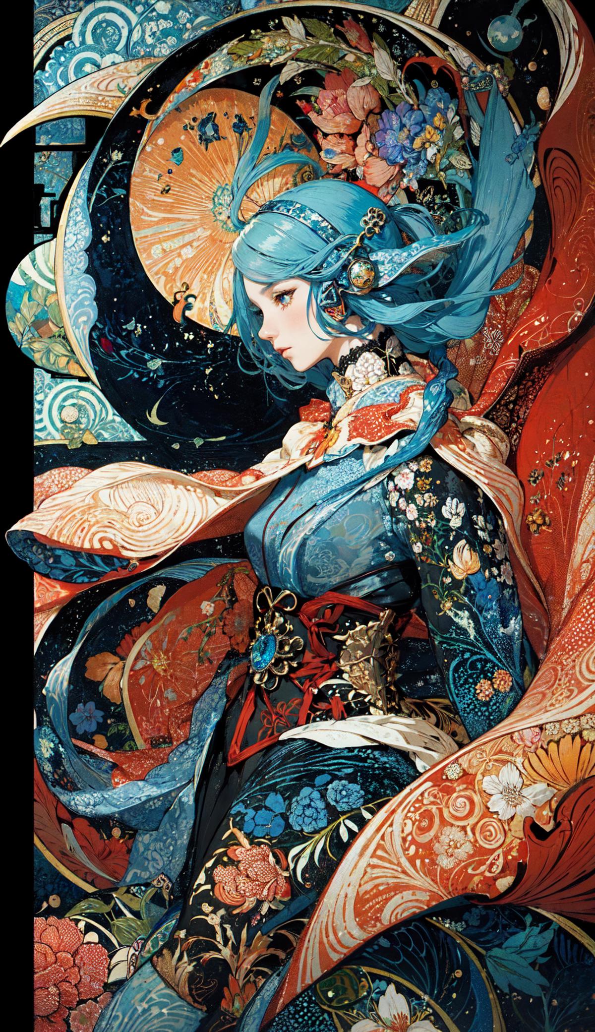 Anime girl with blue hair and a blue dress with flower designs.