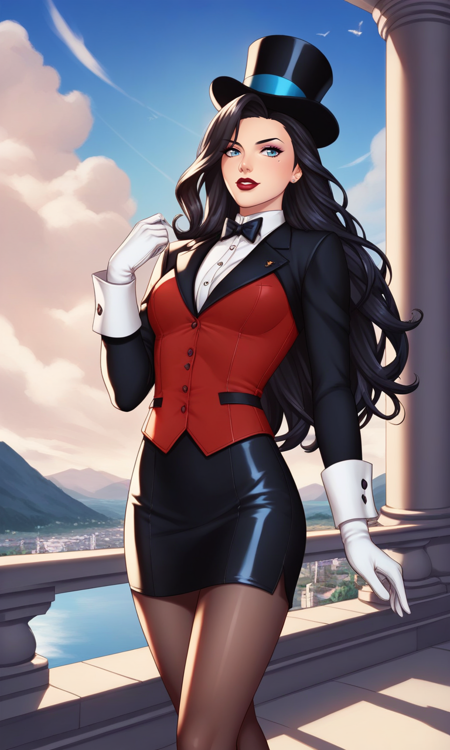 1woman,black hair,blue eyes,top hat,zatanna