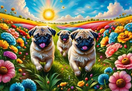 Masterpiece, highres. Highly detailed. Close-up photo of pug puppies running through field of colorful flowers, fluffy fur, huge flowers, big eyes. cute, happy, joy. The sun is shining. Blue sky with fluffy clouds.