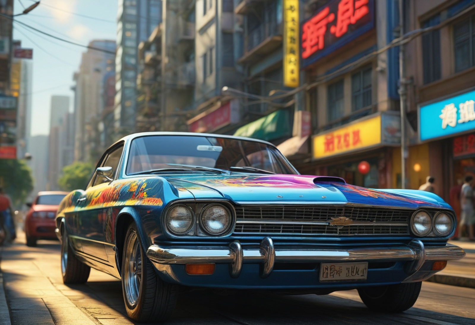 A colorful blue and white classic car driving down a city street.