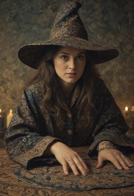 witch wearing hat and coat made out of batik fabrics on the table,
masterpiece, UHD, sharp and in focus. emotional, harmonious, vignette, highly detailed, high budget, bokeh, cinemascope, moody, epic, gorgeous, film grain, grainy