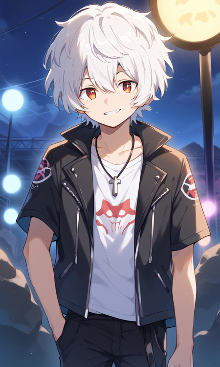 yuma kuga,white hair,red eyes,hair between eyes,bangs,